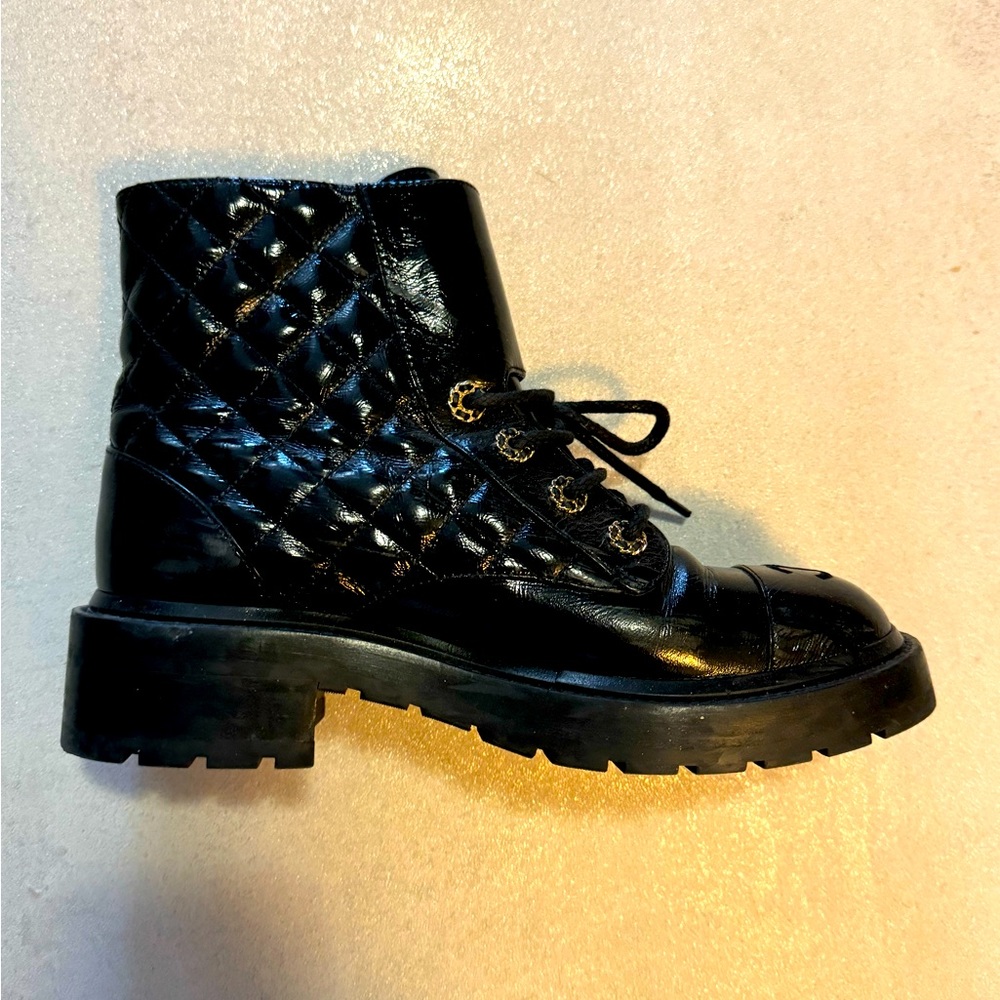 Chanel Quilted Patent Combat Boot, Size 38.5